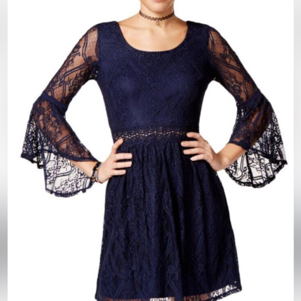 BCX navy lace sheer bell sleeve scoop neck back zip formal mini dress Sz S